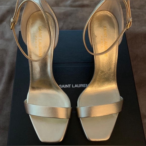 SAINT LAURENT AMBER 85 PLATINO GOLD LEARHER STRAP HEEL SANDAL PUMP 38 - Picture 3 of 6